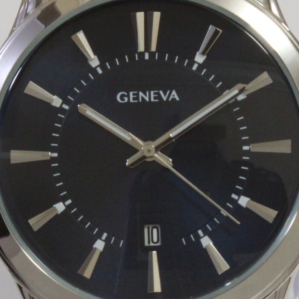 Geneva Men's Dress Watch Silver Tone Navy Blue Dial Brown Strap 42mm - Picture 13 of 13